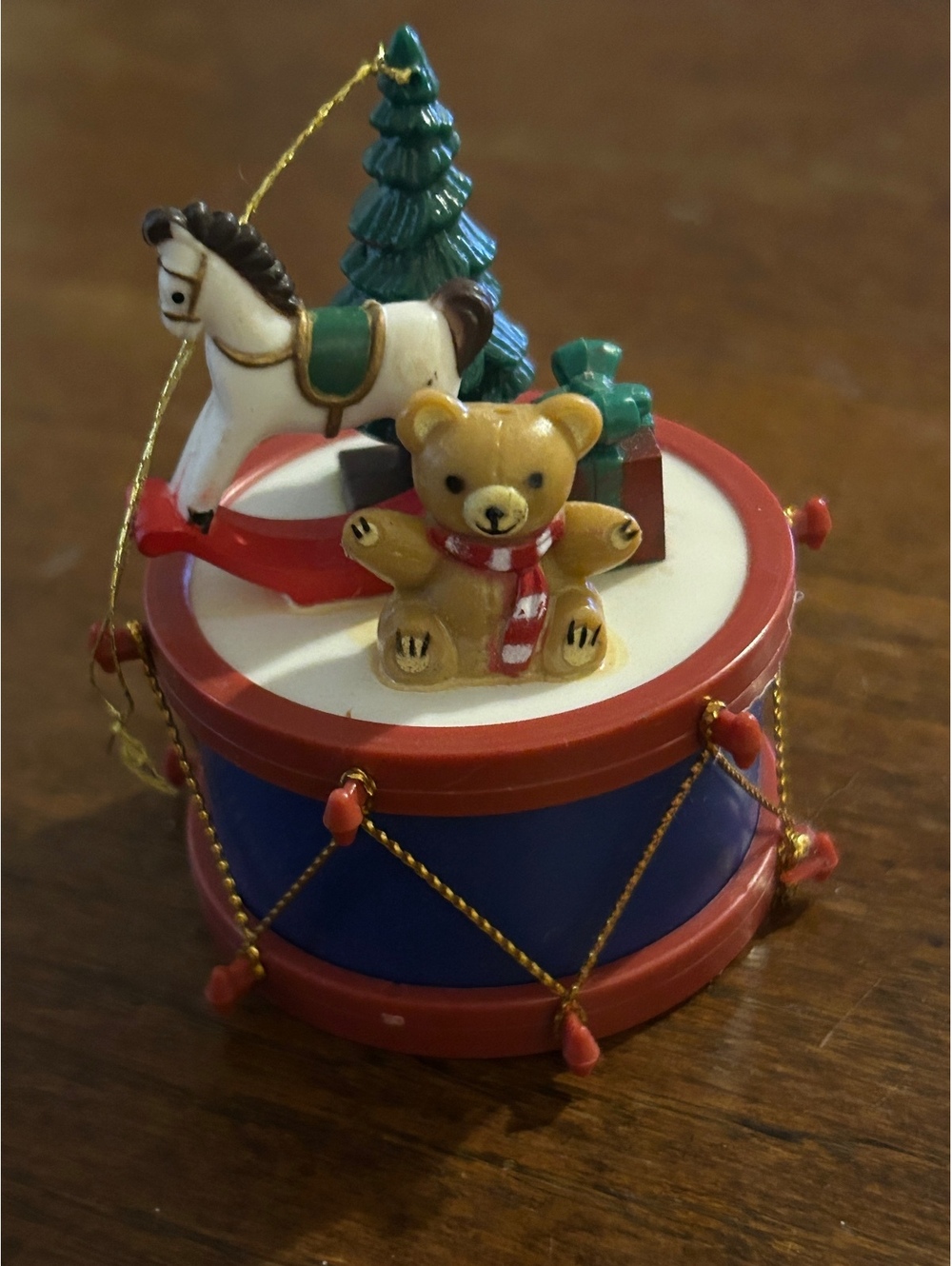 Vintage Christmas Drum Ornament with Teddy Bear, Rocking Horse, and Tree